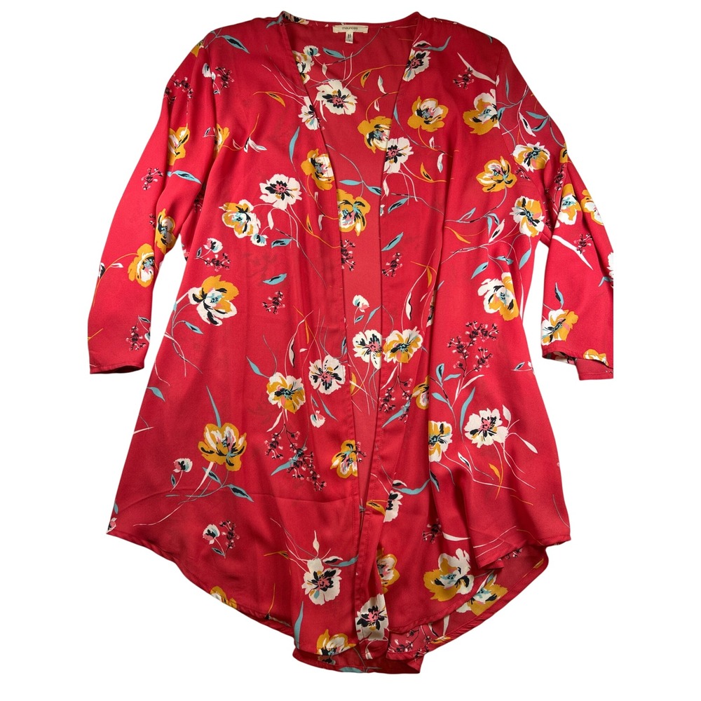 Maurices Womens Red Floral‎ Open Front Kimono Cardigan 3/4 Sleeve Size 1 441800